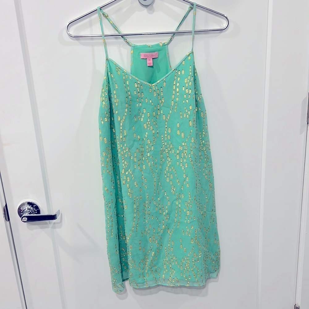 “Lily Pulitzer Green Silk Cami Dress | Shimmer Gold Accents | XS | Cocktail/Hoco